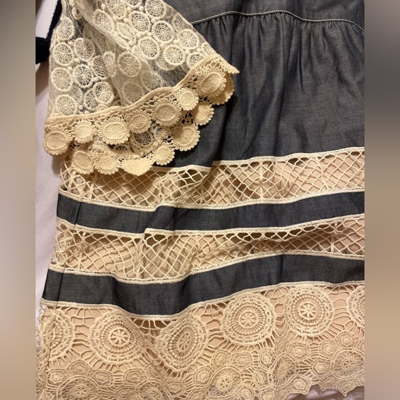 Anna Sui Lace Banded Chambray Short Sleeve Blouse - Picture 7 of 8